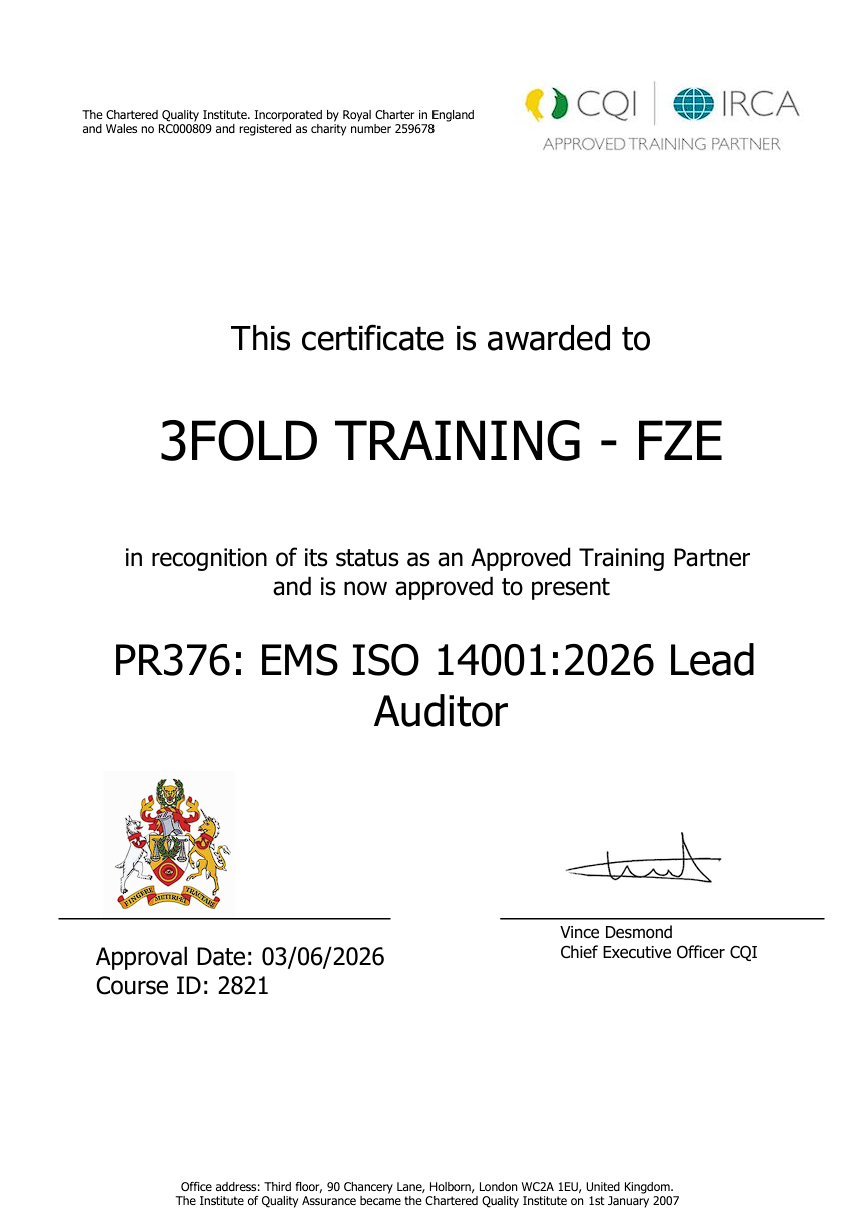 CQI IRCA course certification — PR376 ISO 14001:2026 EMS Lead Auditor, awarded to 3FOLD Training