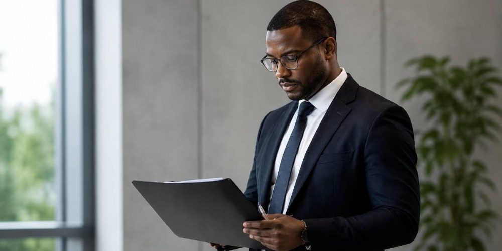Professional auditor reviewing documents on a clipboard, representing first-party, second-party and third-party audit types.