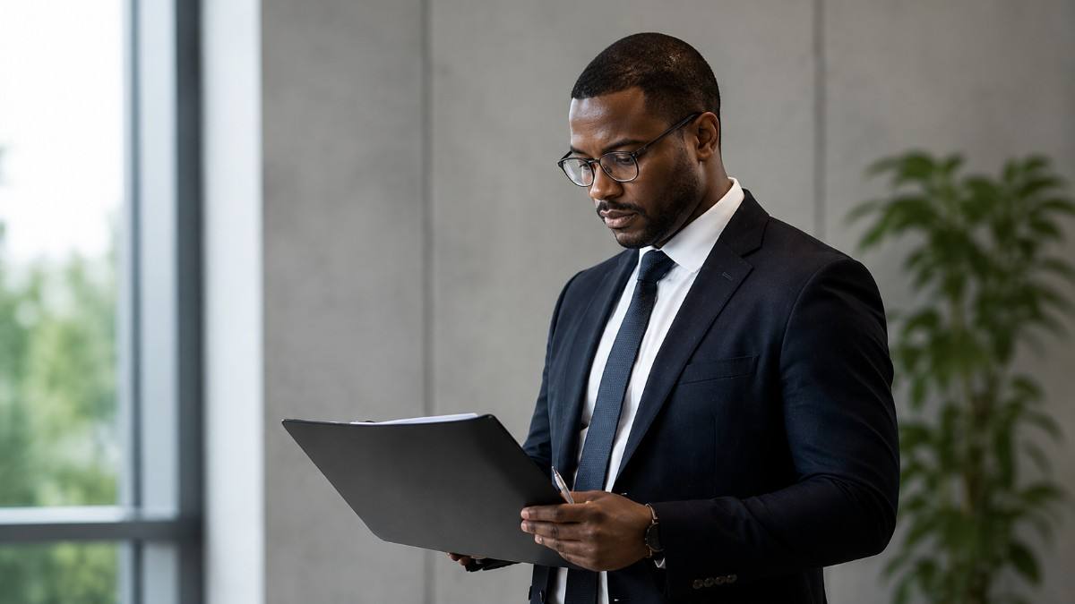 Professional auditor reviewing documents on a clipboard, representing first-party, second-party and third-party audit types.