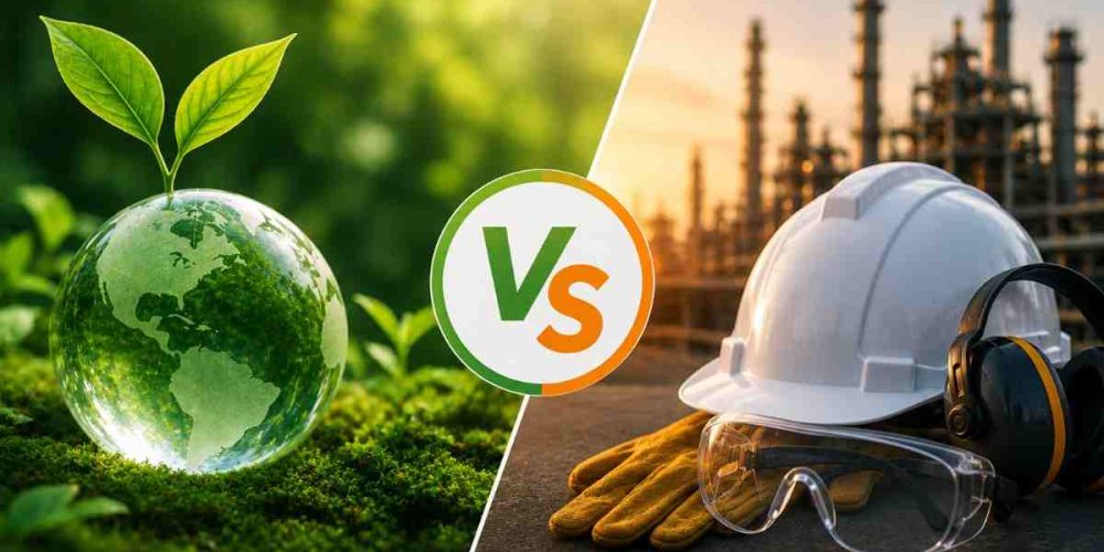 ISO 14001 environmental management and ISO 45001 occupational health and safety comparison with green environment and industrial safety equipment.
