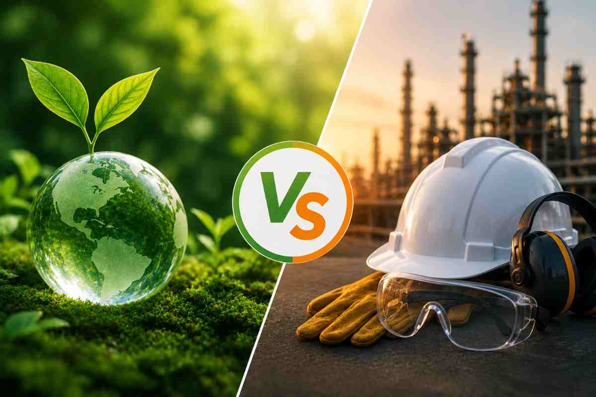 ISO 14001 environmental management and ISO 45001 occupational health and safety comparison with green environment and industrial safety equipment.