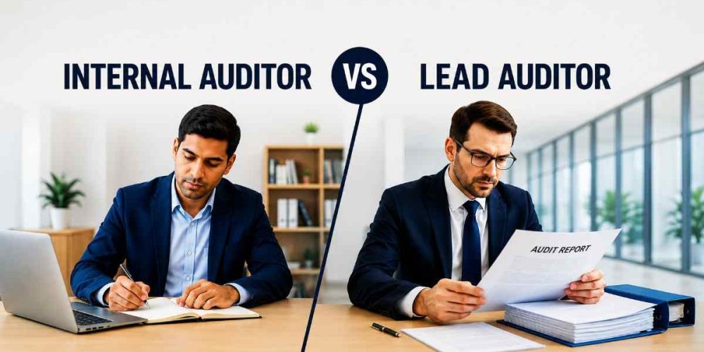 Internal auditor and lead auditor working in professional office settings, illustrating the difference between internal auditor and lead auditor roles.