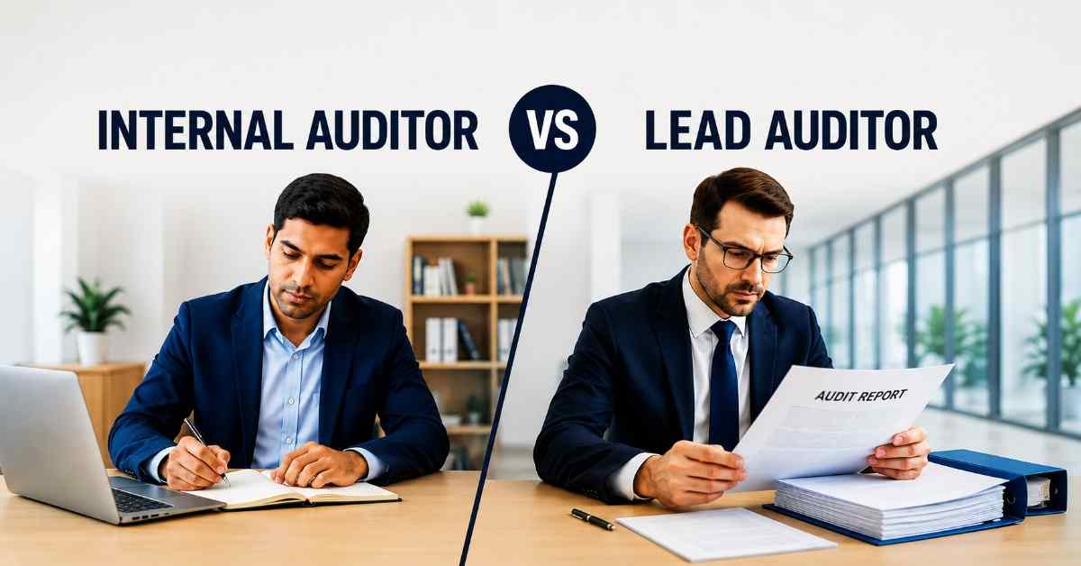 Internal auditor and lead auditor working in professional office settings, illustrating the difference between internal auditor and lead auditor roles.
