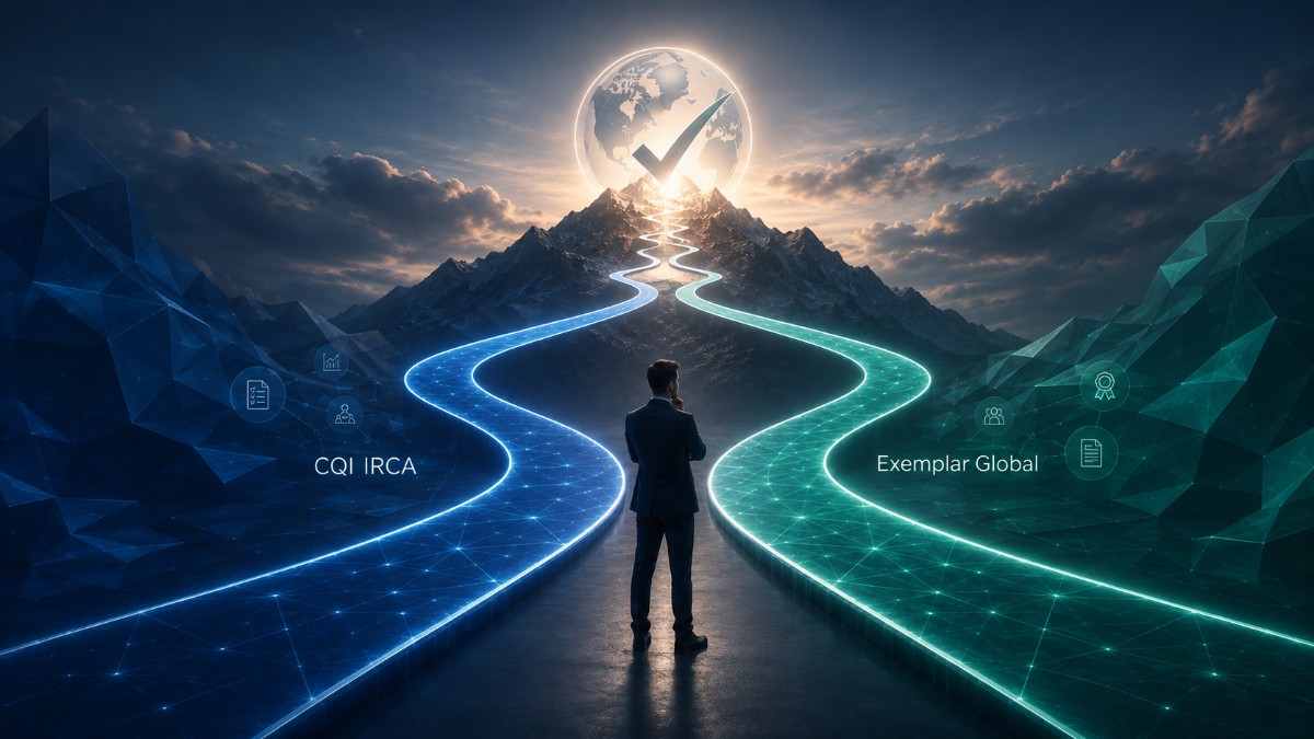 Professional choosing between CQI IRCA and Exemplar Global ISO auditor certification pathways leading toward career advancement.