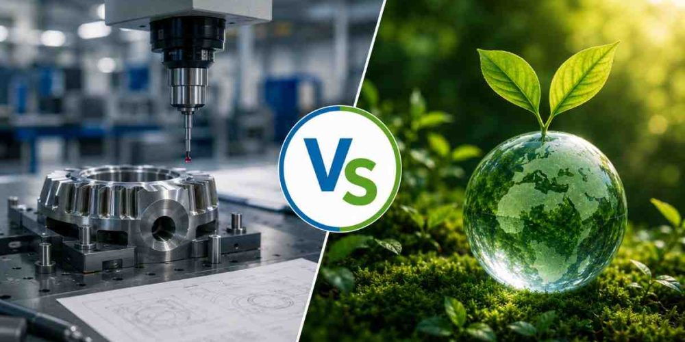 ISO 9001 quality management and ISO 14001 environmental management comparison with precision manufacturing and sustainable environmental imagery.