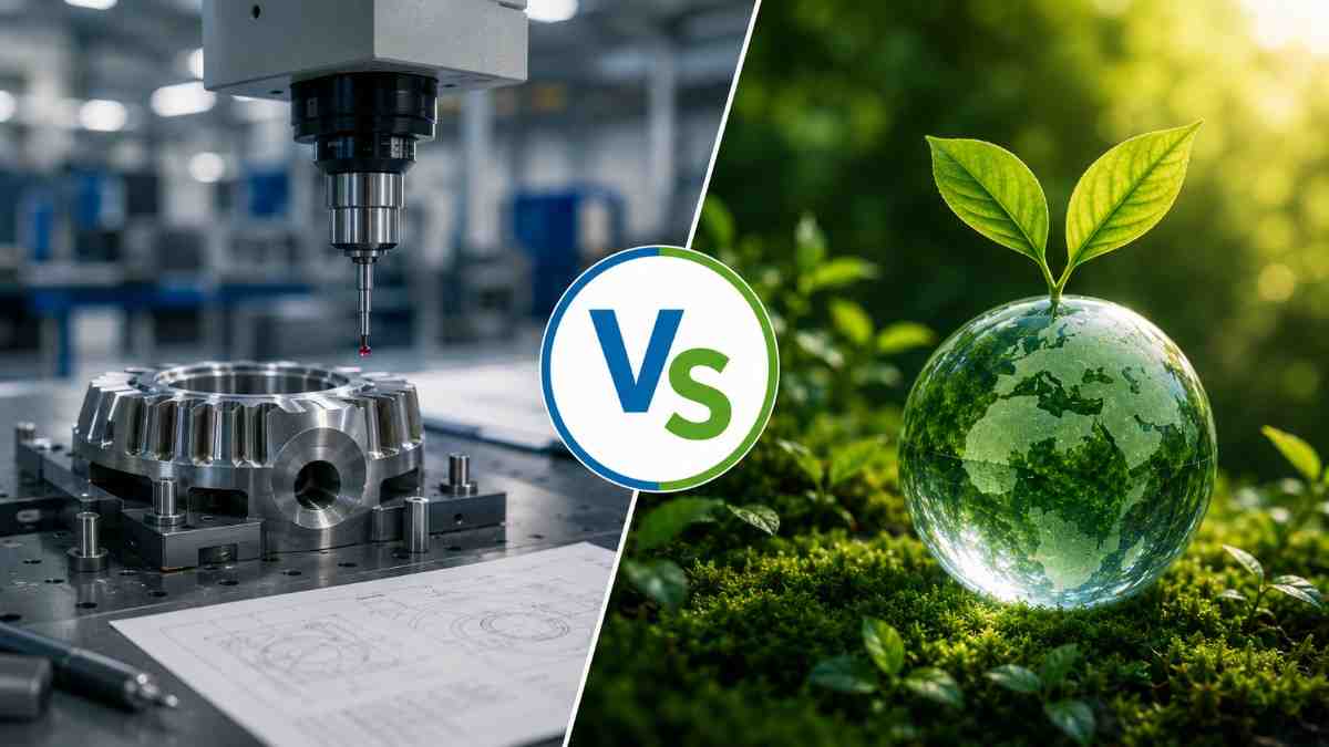 ISO 9001 quality management and ISO 14001 environmental management comparison with precision manufacturing and sustainable environmental imagery.