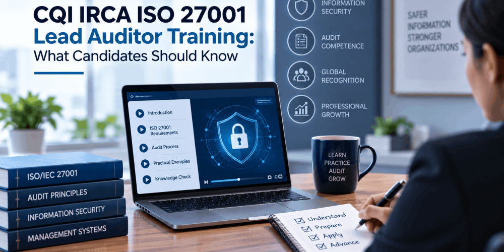 Alt text: Candidate completing CQI IRCA ISO 27001 Lead Auditor training online, learning information security requirements, audit principles and practical auditing skills.