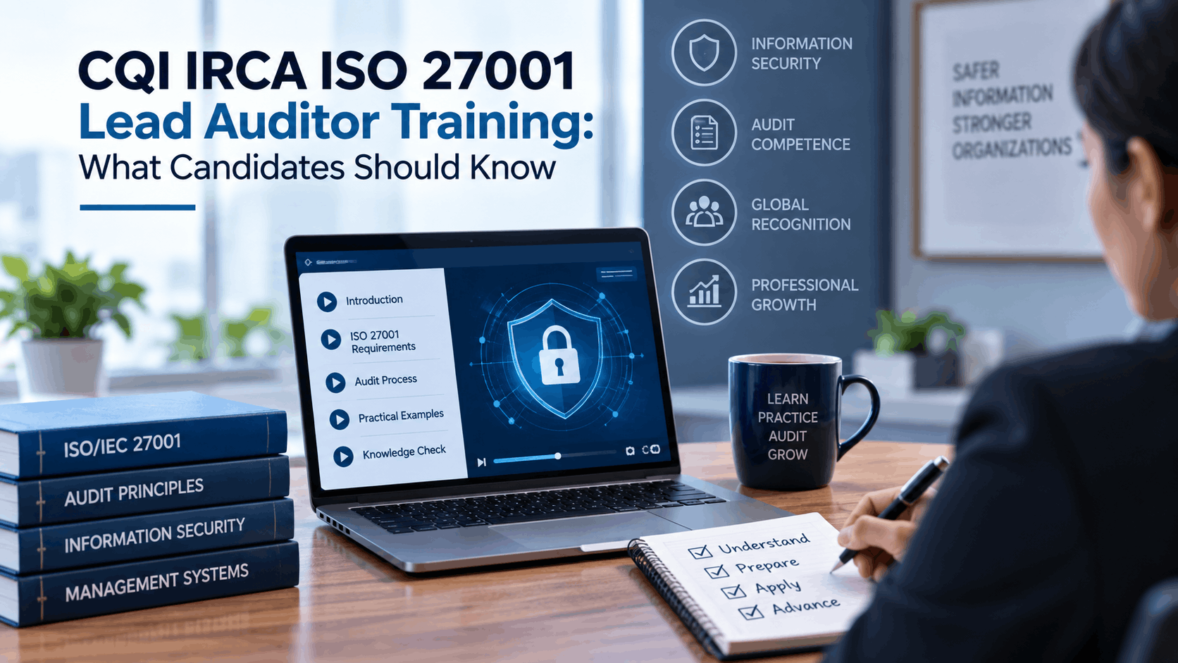 Alt text: Candidate completing CQI IRCA ISO 27001 Lead Auditor training online, learning information security requirements, audit principles and practical auditing skills.