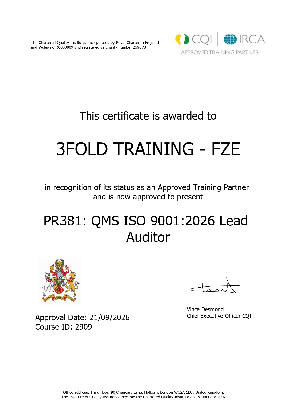 CQI IRCA course certification — PR381 ISO 9001:2026 QMS Lead Auditor, awarded to 3FOLD Training