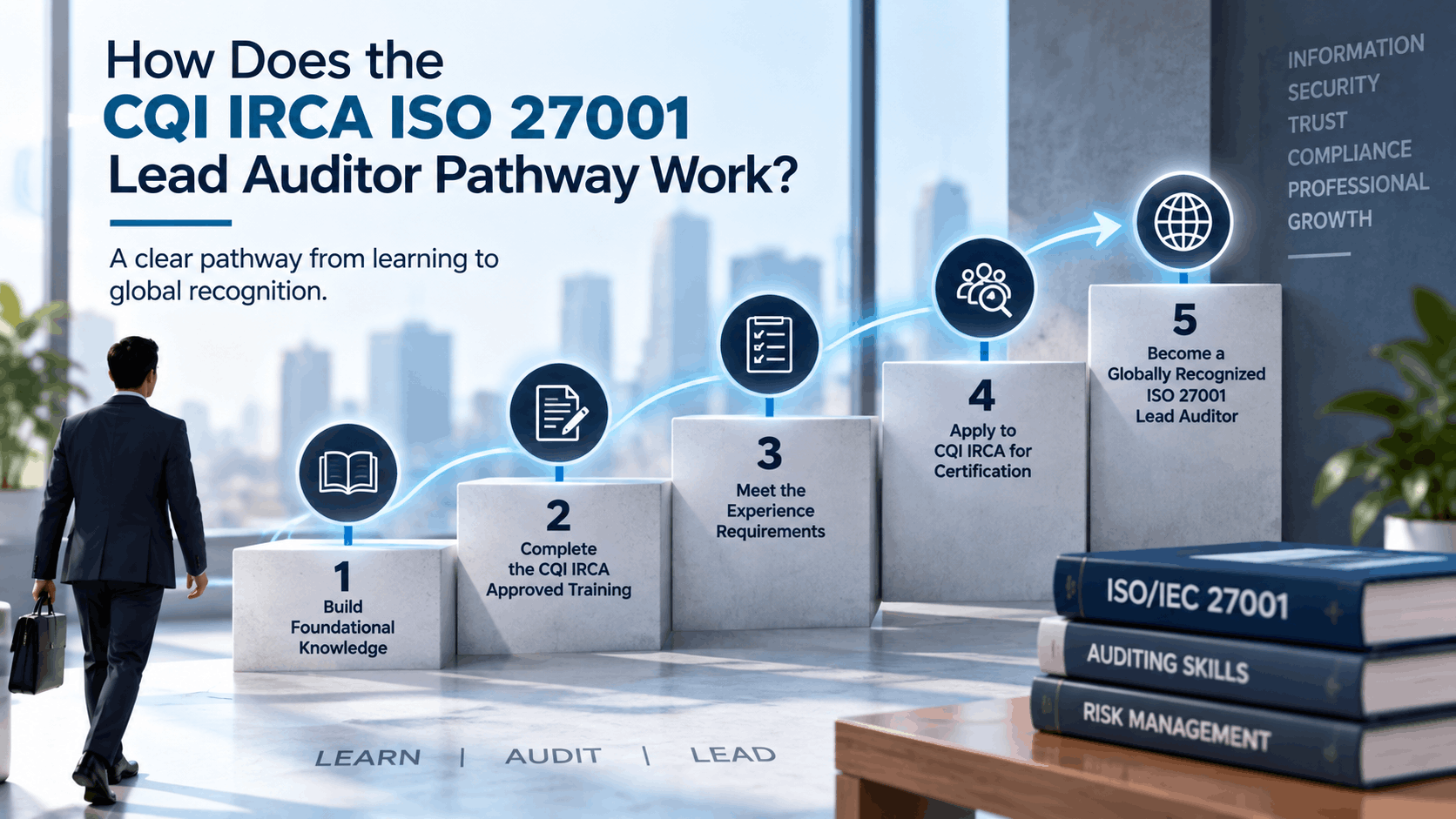 Five-step CQI IRCA ISO 27001 Lead Auditor pathway from foundational knowledge and approved training to experience requirements and professional recognition.