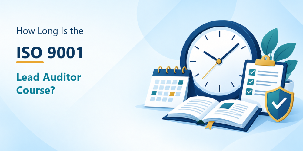ISO 9001 lead auditor course duration illustration featuring a clock, calendar, audit checklist, training book, and compliance shield