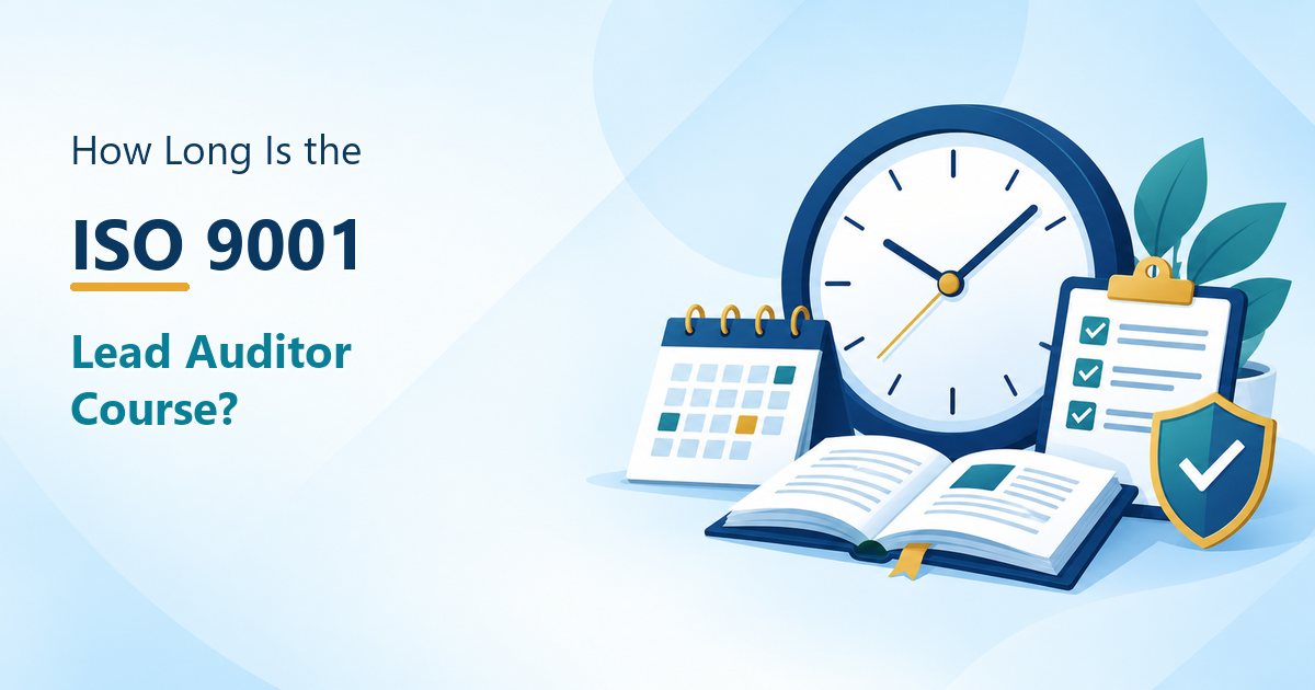 ISO 9001 lead auditor course duration illustration featuring a clock, calendar, audit checklist, training book, and compliance shield