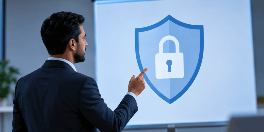 Professional presenting a cybersecurity shield and lock symbol representing information security concepts covered in ISO 27001 Lead Auditor training.