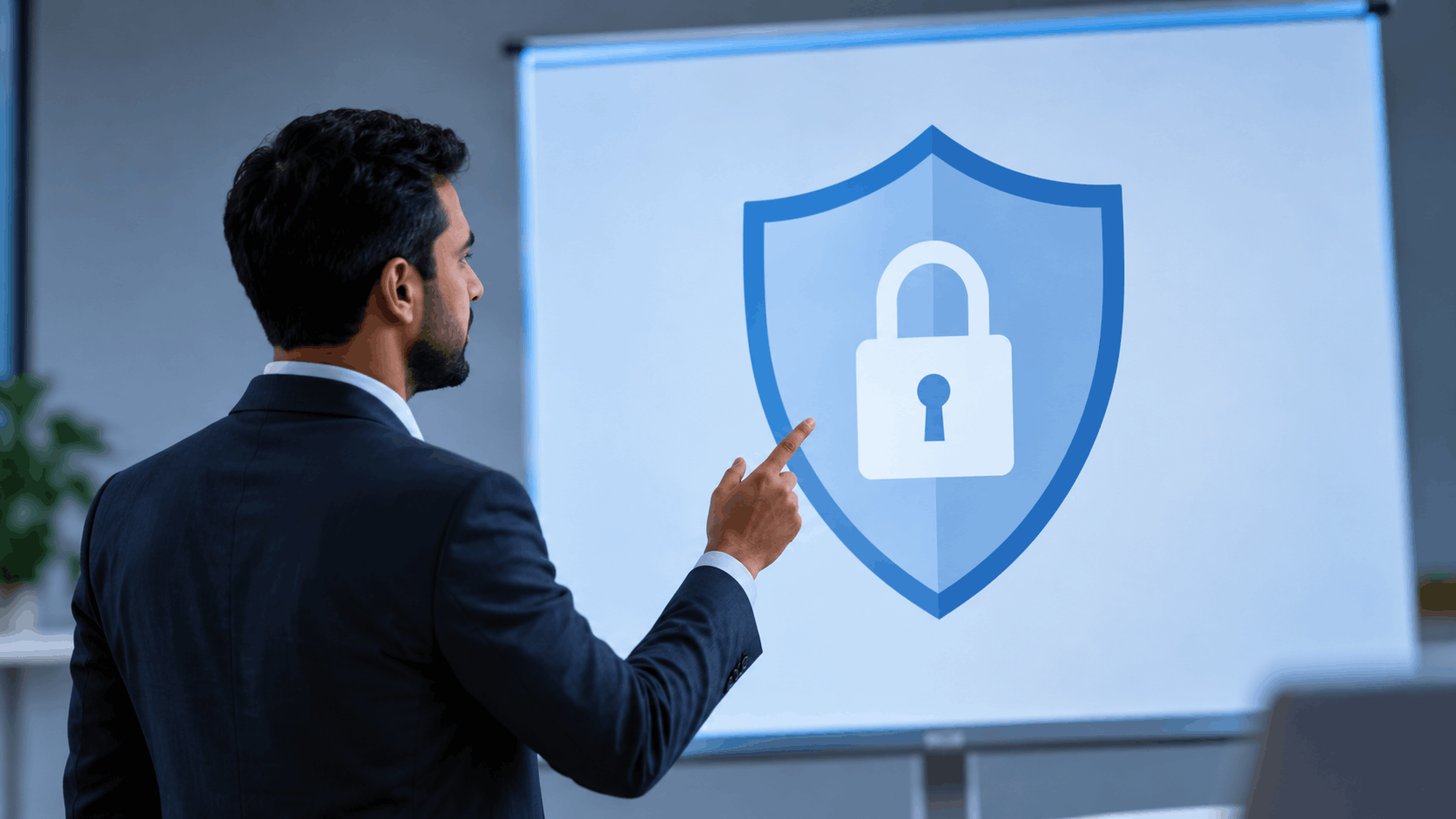 Professional presenting a cybersecurity shield and lock symbol representing information security concepts covered in ISO 27001 Lead Auditor training.