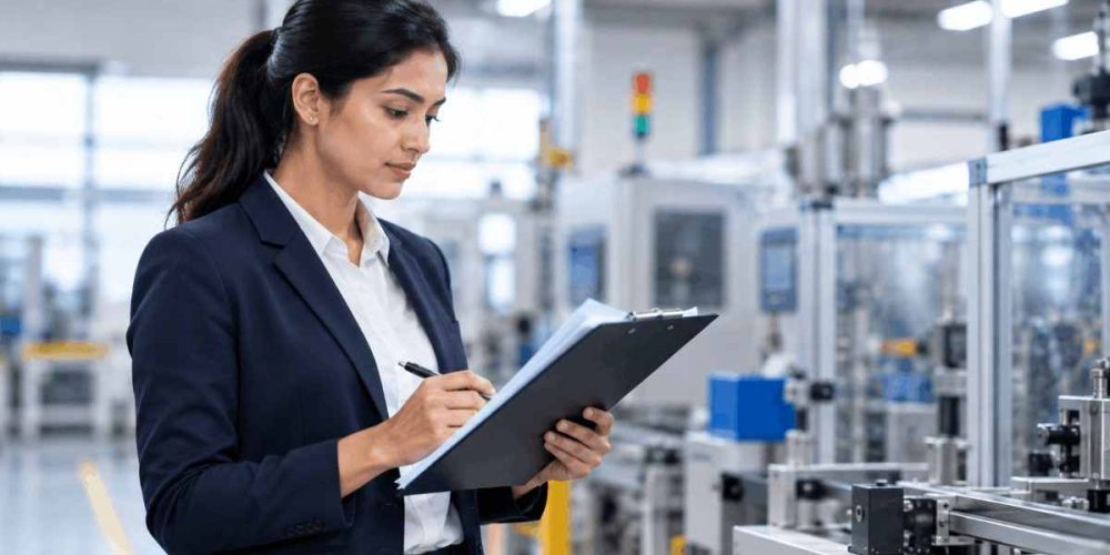 ISO 9001 auditor reviewing audit documents during a practical quality management system audit in a manufacturing facility.