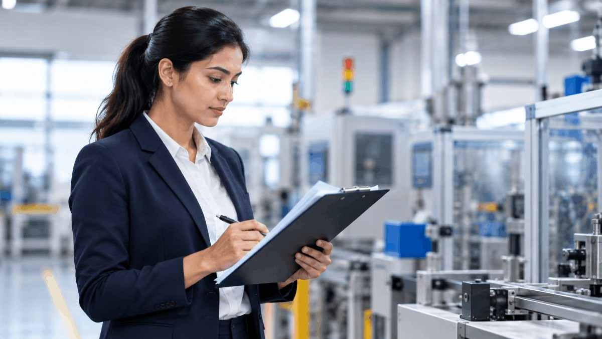 ISO 9001 auditor reviewing audit documents during a practical quality management system audit in a manufacturing facility.