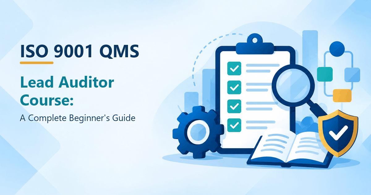 ISO 9001 QMS lead auditor course illustration featuring an audit checklist, magnifying glass, process diagram, training book, and compliance shield.