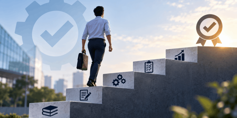 Professional climbing steps representing progressive preparation for the ISO 9001 Lead Auditor exam through study, practice, auditing knowledge and improvement.