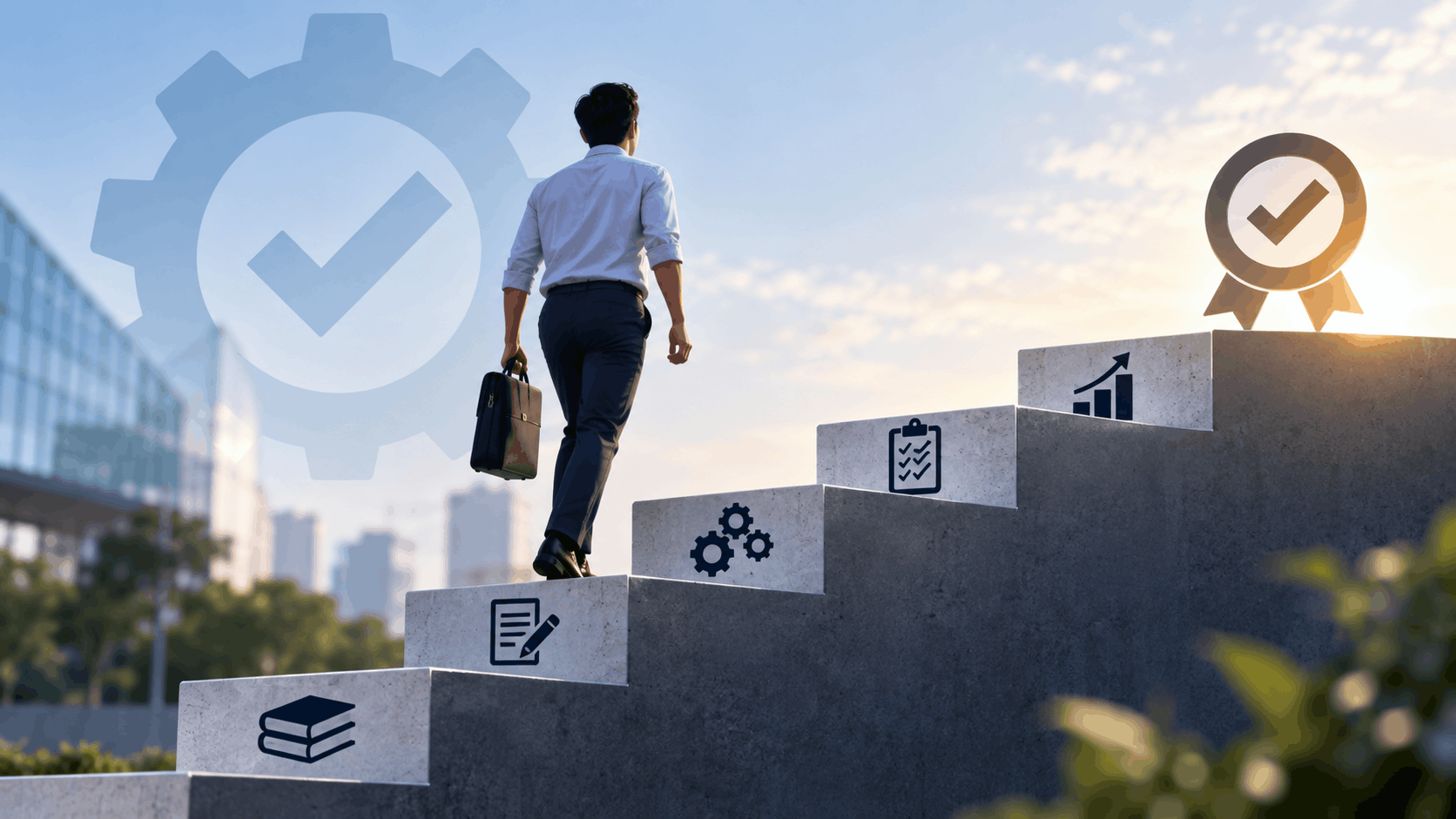 Professional climbing steps representing progressive preparation for the ISO 9001 Lead Auditor exam through study, practice, auditing knowledge and improvement.