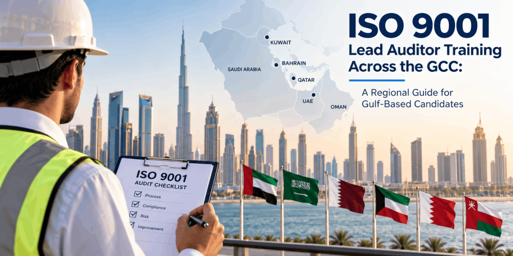 ISO 9001 Lead Auditor training across GCC countries with an auditor, Gulf region map and regional skyline