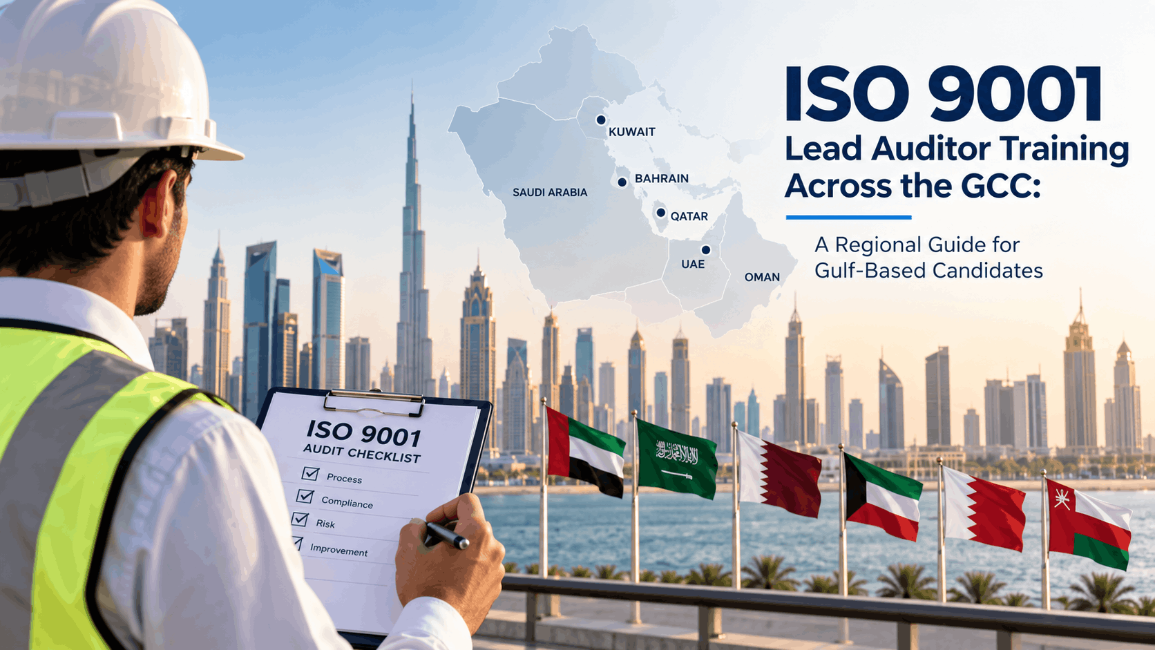 ISO 9001 Lead Auditor training across GCC countries with an auditor, Gulf region map and regional skyline
