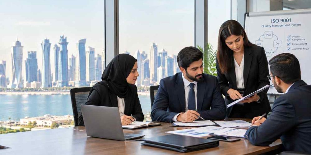 ISO 9001 Lead Auditor training session with formally dressed professionals reviewing quality management documents in a modern Doha office.