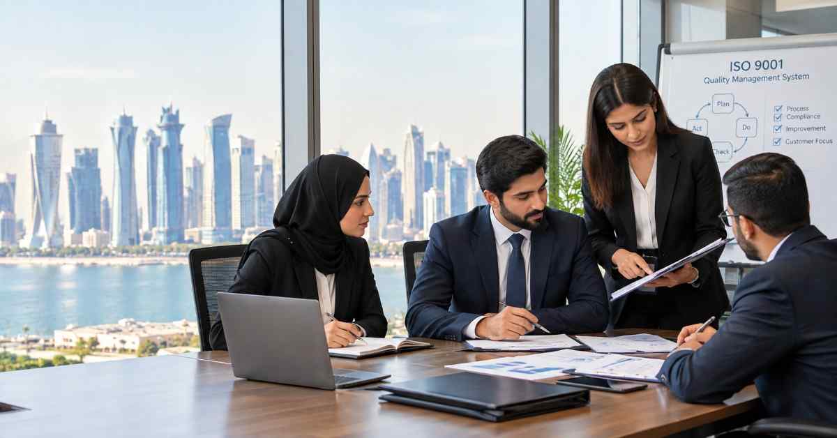 ISO 9001 Lead Auditor training session with formally dressed professionals reviewing quality management documents in a modern Doha office.