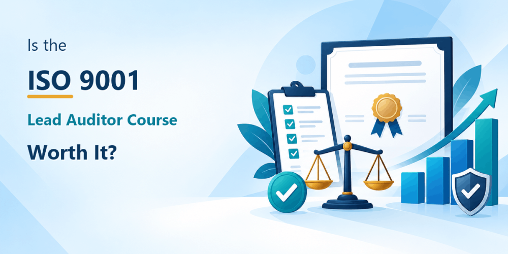ISO 9001 lead auditor course value illustration featuring a certificate, audit checklist, balance scale, career-growth chart, and compliance symbols
