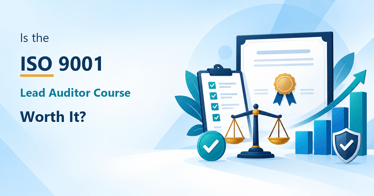 ISO 9001 lead auditor course value illustration featuring a certificate, audit checklist, balance scale, career-growth chart, and compliance symbols