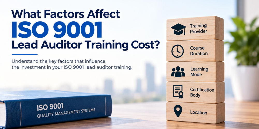 : Key factors affecting ISO 9001 Lead Auditor training cost, including training provider, course duration, learning mode, certification body and location.