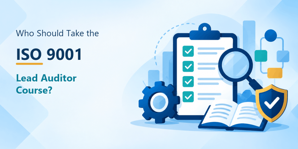 SO 9001 lead auditor course illustration with an audit checklist, magnifying glass, process diagram, training book, and compliance shield