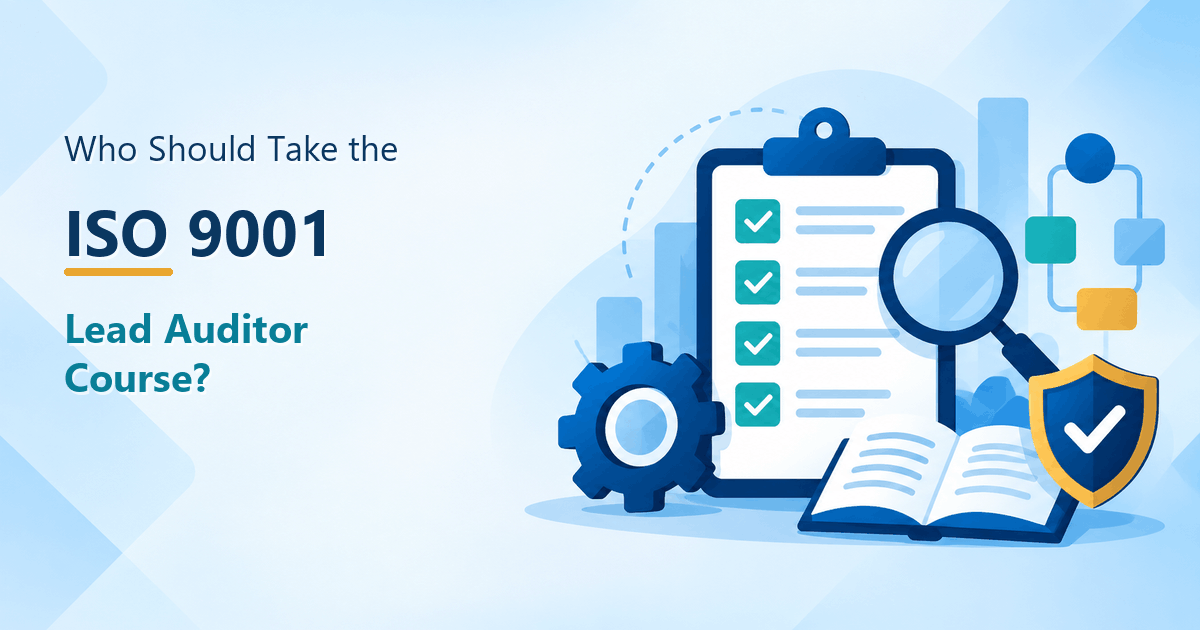SO 9001 lead auditor course illustration with an audit checklist, magnifying glass, process diagram, training book, and compliance shield