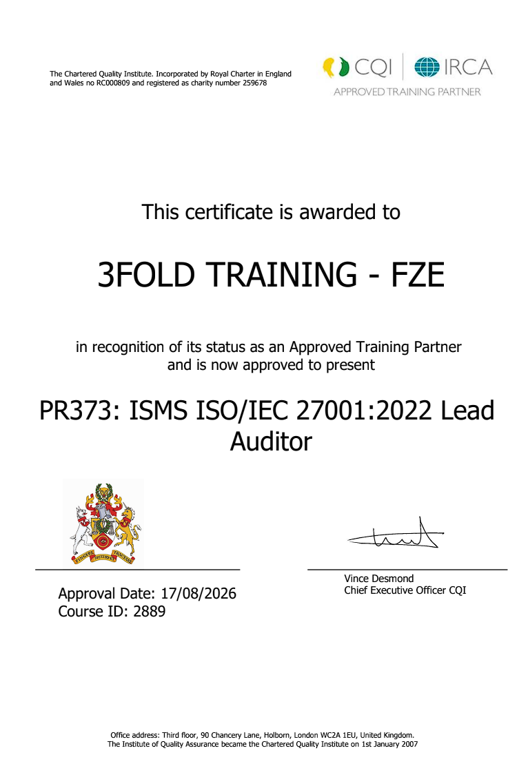 CQI IRCA course certification — ISO/IEC 27001:2022 ISMS Lead Auditor, awarded to 3FOLD Training