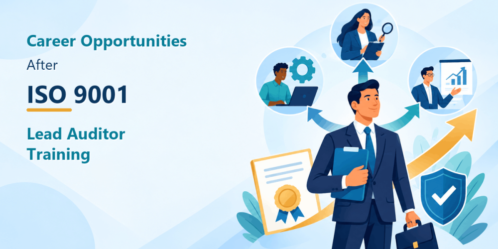 ISO 9001 lead auditor career opportunities illustration showing auditing, quality management, consulting, certification, and professional growth paths