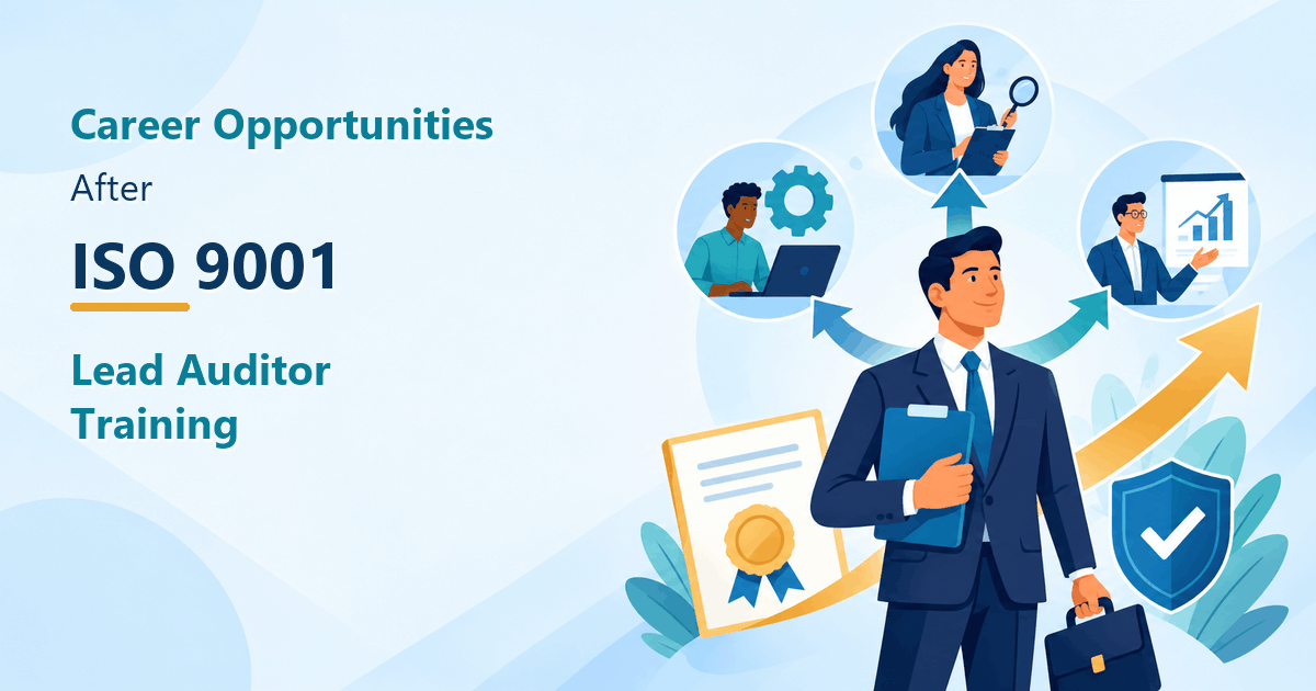 ISO 9001 lead auditor career opportunities illustration showing auditing, quality management, consulting, certification, and professional growth paths