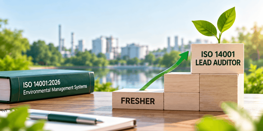 Career progression from fresher to ISO 14001 Lead Auditor, illustrated with ascending wooden steps, a green growth arrow and environmental management reference book