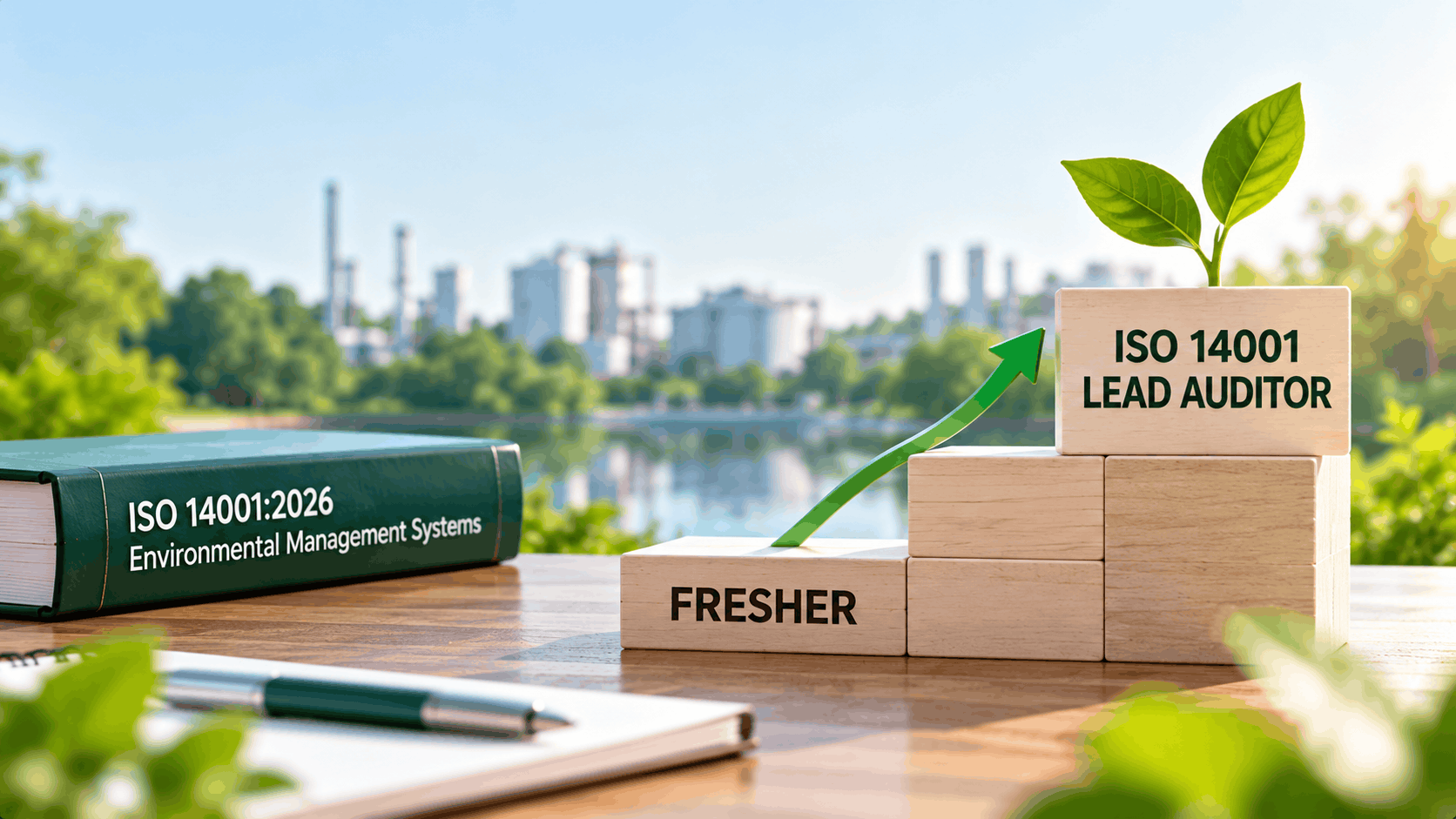 Career progression from fresher to ISO 14001 Lead Auditor, illustrated with ascending wooden steps, a green growth arrow and environmental management reference book