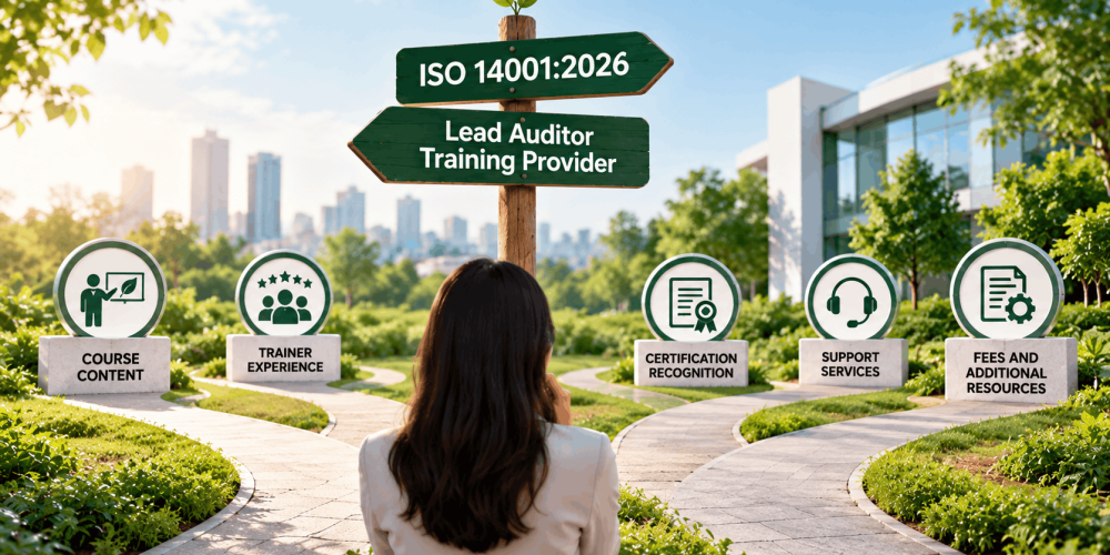 Professional choosing an ISO 14001:2026 Lead Auditor training provider based on course content, trainer experience, certification recognition, support services and fees.