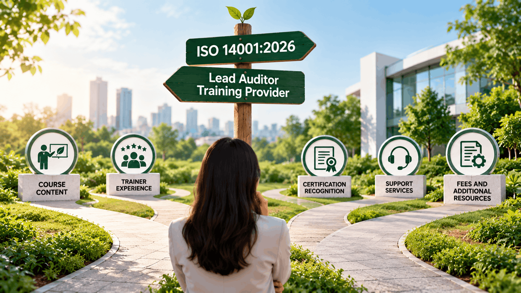 Professional choosing an ISO 14001:2026 Lead Auditor training provider based on course content, trainer experience, certification recognition, support services and fees.