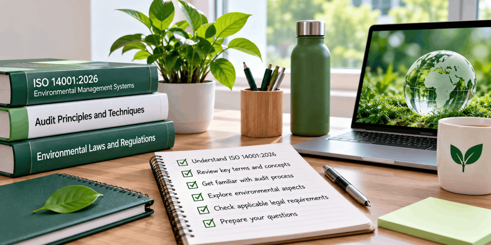 ISO 14001:2026 Lead Auditor course preparation materials featuring environmental management reference books, an audit study checklist and online learning resources