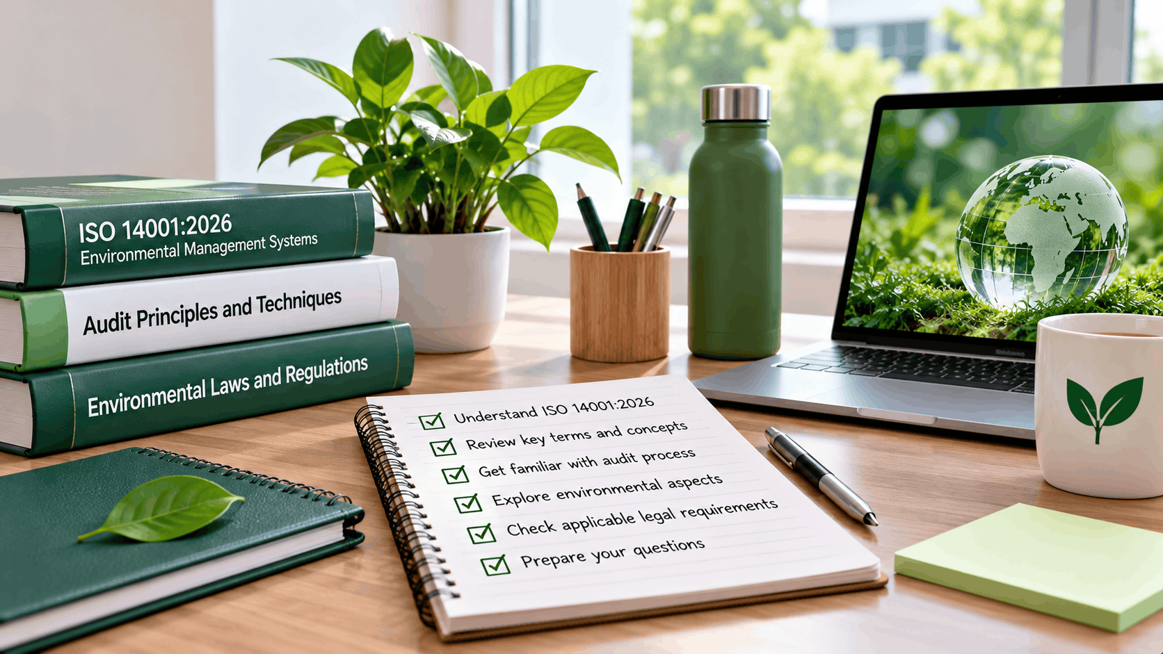 ISO 14001:2026 Lead Auditor course preparation materials featuring environmental management reference books, an audit study checklist and online learning resources