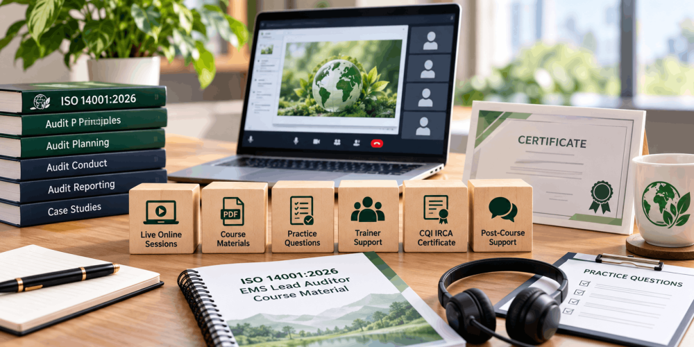ISO 14001:2026 EMS Lead Auditor training inclusions, featuring live online sessions, course materials, practice questions, trainer support and certification