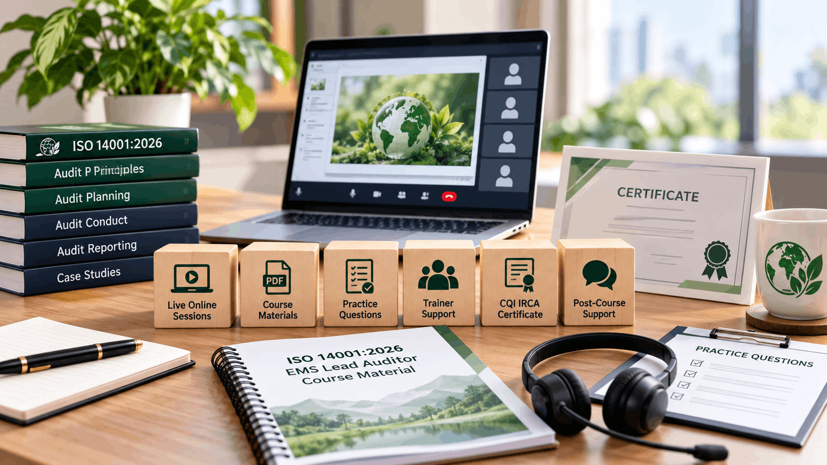 ISO 14001:2026 EMS Lead Auditor training inclusions, featuring live online sessions, course materials, practice questions, trainer support and certification