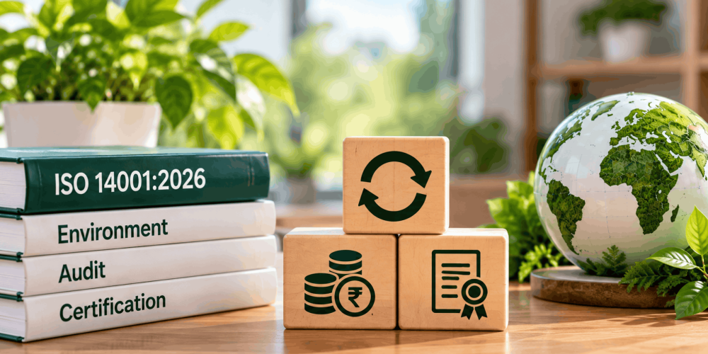 ISO 14001:2026 EMS Lead Auditor exam resit fees represented by retry, cost and certification symbols alongside environmental management study materials