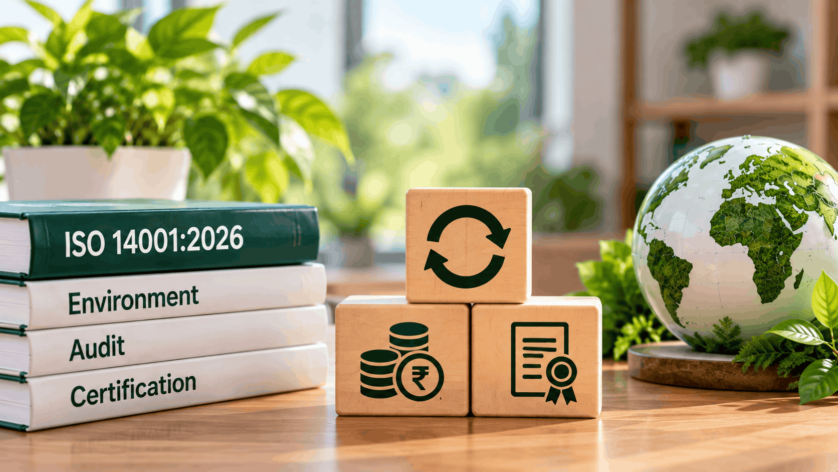 ISO 14001:2026 EMS Lead Auditor exam resit fees represented by retry, cost and certification symbols alongside environmental management study materials