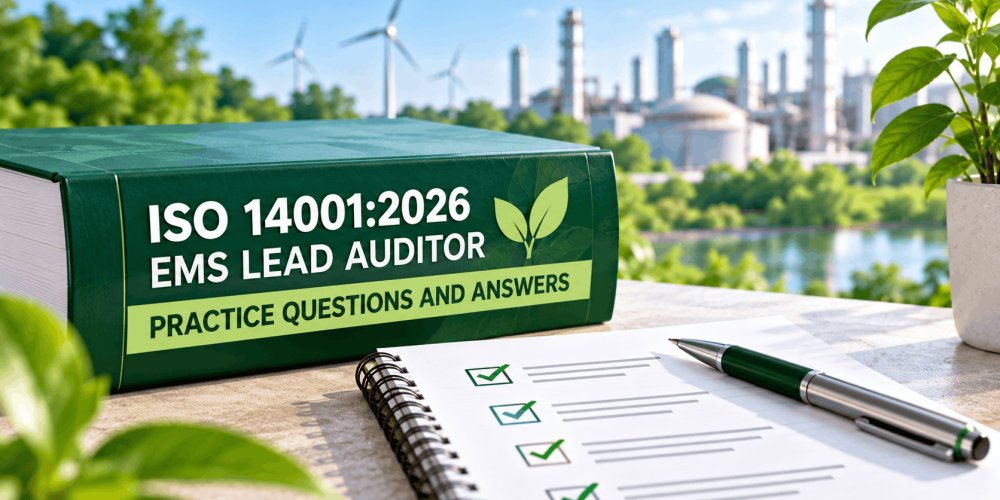 ISO 14001:2026 EMS Lead Auditor practice questions and answers study materials featuring a green reference book, completed checklist and environmental management background