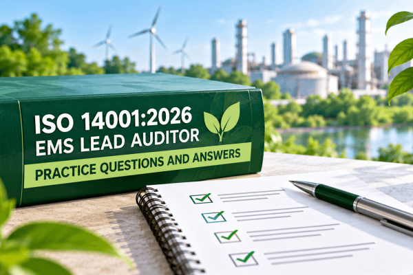 ISO 14001:2026 EMS Lead Auditor practice questions and answers study materials featuring a green reference book, completed checklist and environmental management background