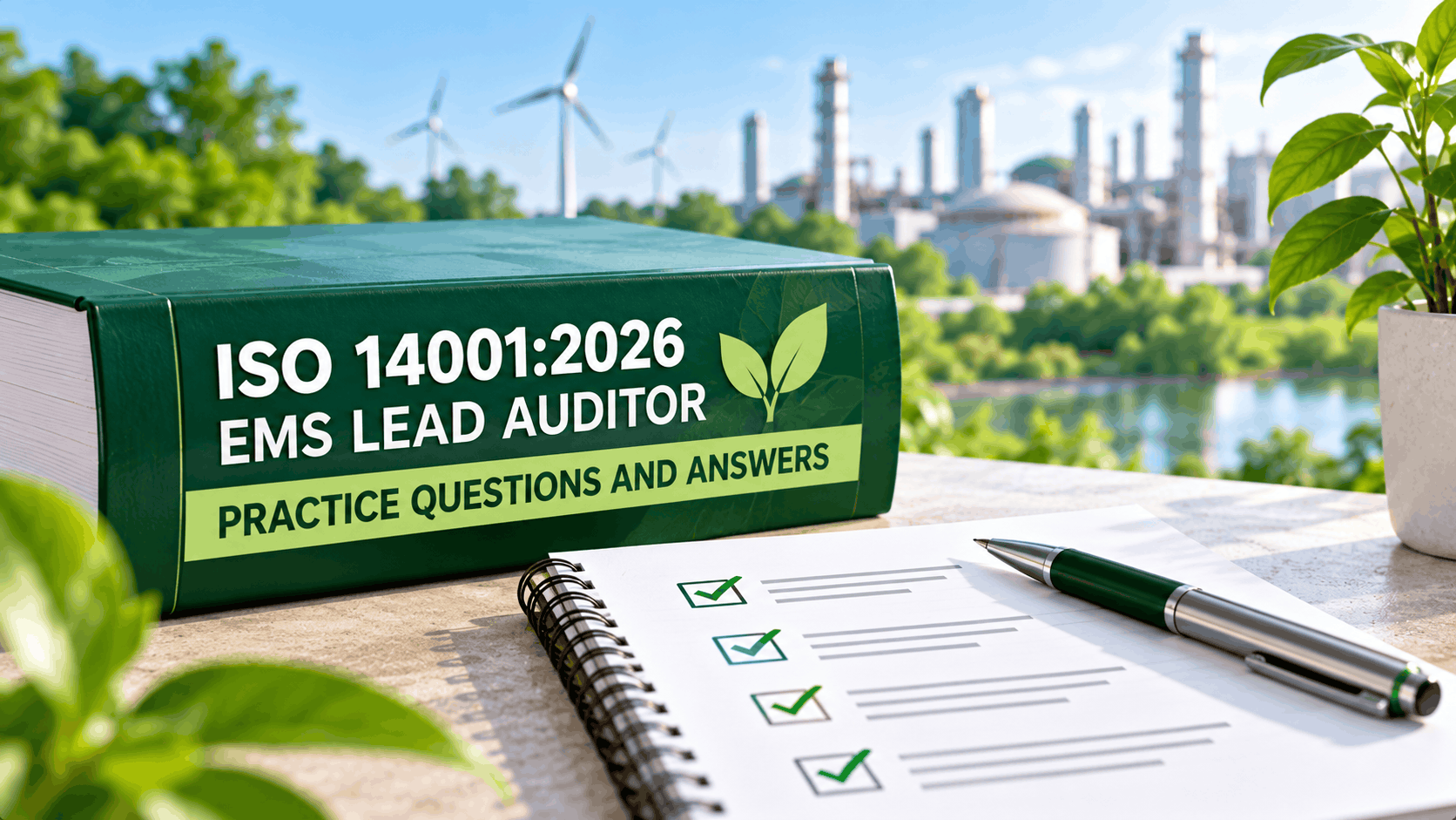 ISO 14001:2026 EMS Lead Auditor practice questions and answers study materials featuring a green reference book, completed checklist and environmental management background