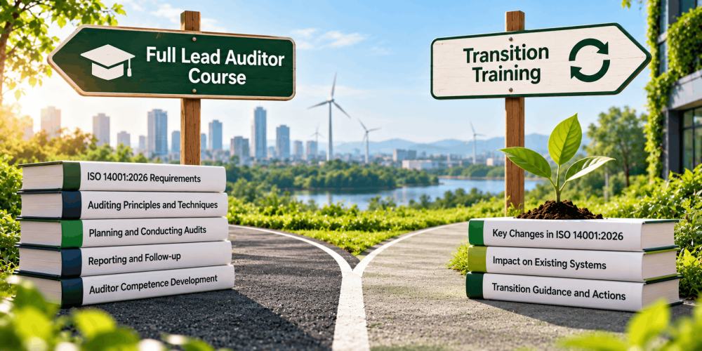 Comparison of ISO 14001:2026 Full Lead Auditor Course and Transition Training, highlighting comprehensive auditing skills versus updates to the revised environmental management standard