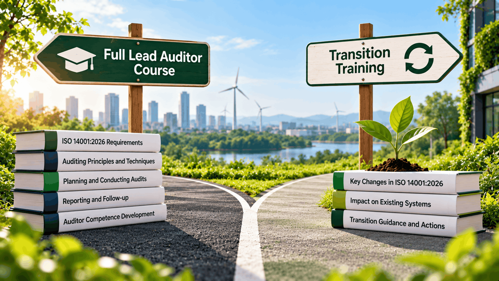 Comparison of ISO 14001:2026 Full Lead Auditor Course and Transition Training, highlighting comprehensive auditing skills versus updates to the revised environmental management standard